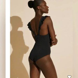 & Other Stories ruffle shoulder plunge neck swimsuit in black